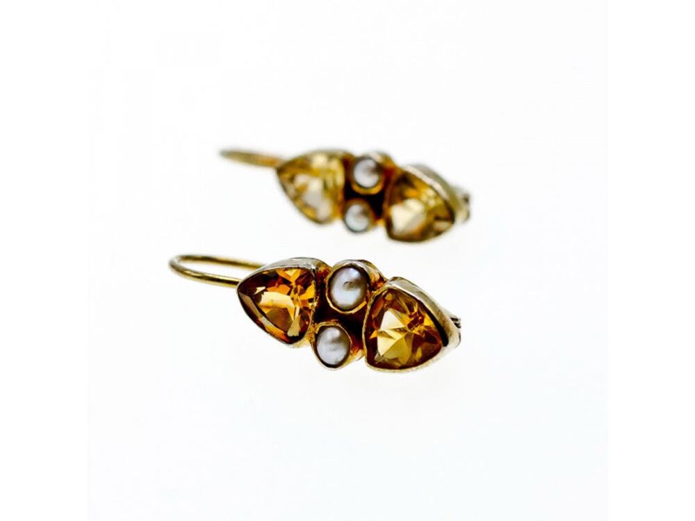 925 Sterling Silver Gold Plated Heliodor & Pearls Earrings